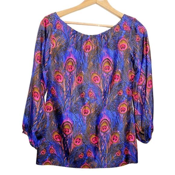 Britt Ryan Womens Blue Multicolor Silk Feather Print Blouse - Picture 1 of 8